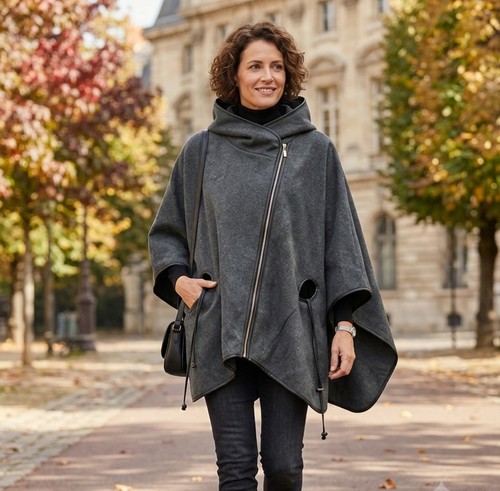 Damen poncho mit - , kapuze